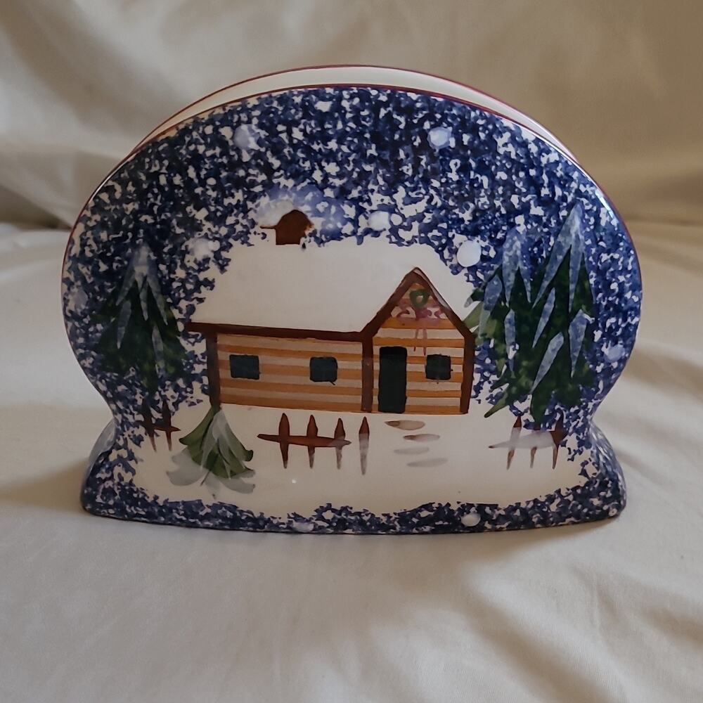 The Cook's Bazaar "The Holiday Lodge" Blue White Speckled Winter Napkin Holder